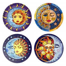 Set 4 sous-bocks Lune et Soleil colorés, Illustrations Originales, diamètre 11 cm
