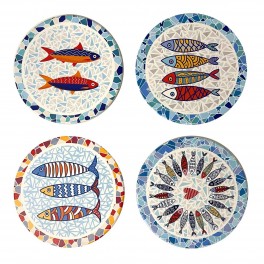 Set 4 sous-bocks en céramique Poisson Sardines, Aspect céramique rétro et coloré, Diamètre 11 cm