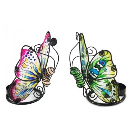 Set 2 Photophores Papillons, Métal et Verre, Effet Aquarelle, H 12 cm