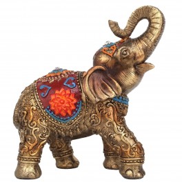 SIGNES GRIMALT Figurine éléphant, Trompe levée, Parure Fleur de Lotus Rouge et Accessoires Bleus, Hauteur 16 cm