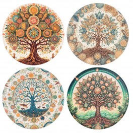 Set 4 sous-bocks Arbres de Vie stylisés et Ambiance Ethnique Originale, diamètre 11 cm