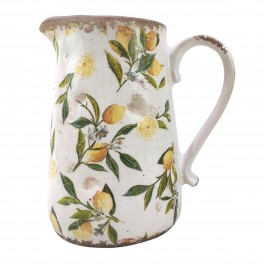 Pichet rétro et Romantique en faïence avec Anse, Effet Vieilli et Modèle Citrons, Hauteur 23 cm