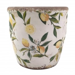 Porte Plante rétro et Romantique en faïence avec Anse, Effet Vieilli et Modèle Citrons, diamètre 17 cm