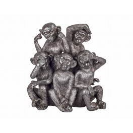 SIGNES GRIMALT Statue en résine, Cinq Singes de la Sagesse, Modèle Argenté. Hauteur 22,5 cm