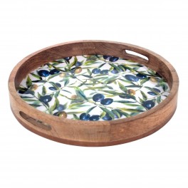 Plateau de service rond en bois de manguier et olives, diamètre 35 cm