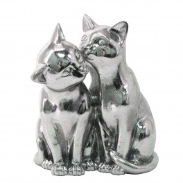 Grande Figurine Deux Chats contemporains, Patine Argent, H 20 cm
