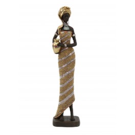 ORIGEN Statuette Grande Africaine Debout et Cruche, Robe Perles d'or et d'argent, H 41 cm