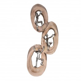 SIGNES GRIMALT Statue contemporaine Murale, 3 Personnages en Aluminium et Structure Arrondie en Bois de manguier, Hauteur 42 cm