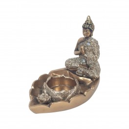 Bougeoir en Résine Bouddha Doré en Méditation, Fleur de lotus et Bougie