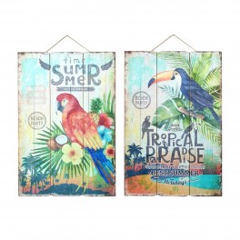 Set 2 Plaques Bois vintages Toucan & Perroquet Paradise, H 60 cm
