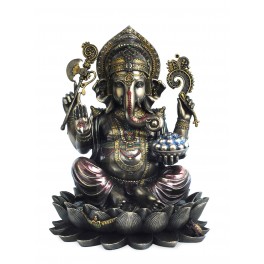G&S Statuette Ethnique XL résine : Ganesh & Lotus, Finition Antic Line, Hauteur 30 cm