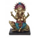 G&S Grande Statuette Doré Ganesh et Le Rat Mûshika, Bleu et Violet, H 28 cm