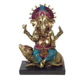 G&S Grande Statuette Doré Ganesh et Le Rat Mûshika, Bleu et Violet, H 28 cm