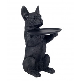 ORIGEN Statuette Bouledogue Français et Plateau Oval, Finition Noire, H 50 cm