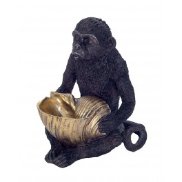 SIGNES GRIMALT Statuette Résine : Singe Noir et Coupe Coquillage doré, Modèle Black Jungle, H 17 cm