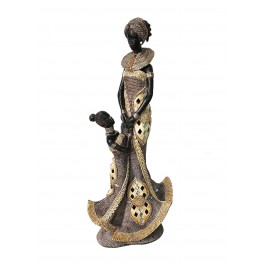 SIGNES GRIMALT Grande Statuette Africaine et Enfant, Beige et Marron, Collection DAKA, Hauteur 37 cm