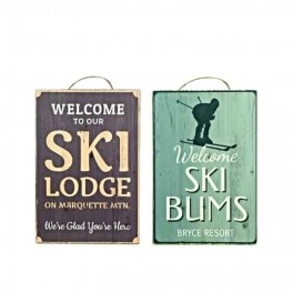 ENSEIGNES bois SKI vintage LOT de 2 panneaux rétro SKI LODGE welcome 30x20cm