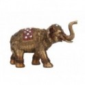 Figurine éléphant, trompe levée, parure rouge et inserts en verre acrylique, longueur 16 cm