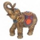 Figurine éléphant, trompe levée, parure fleur de lotus rouge et accessoires bleus, hauteur 16 cm