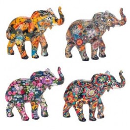 Set 4 éléphants en résine, trompes levées porte-bonheurs, 4 modèles colorés différents Tropik, longueur 9,5 cm