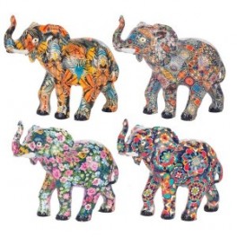 Set 4 éléphants en résine, trompes levées porte-bonheurs, 4 modèles colorés différents Tropik, longueur 12 cm
