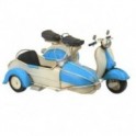 Side car bleu et blanc avec scooter, miniature métal en laiton, finition mat, longueur 32 cm
