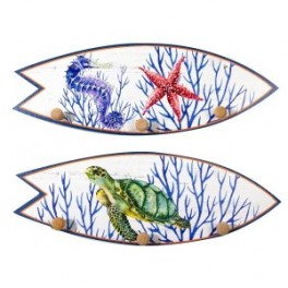 Set 2 décorations murales, Planches de surf Mer, Hippocampe et tortue marine, 40 x 14 cm