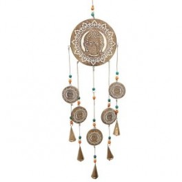 Suspension mobile Bouddha, mandala et accessoires en bois, clochettes en étain, zen et boho, H 92,5 cm