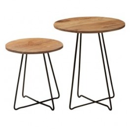 Set 2 tables pour Sellette, Bout de canapé ou porte plante, bois massif acacia, piètement métal design, hauteur 41 et 50 cm