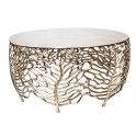 Table Sellette Bout de canapé design en aluminium doré, structure feuillage ajouré contemporain et plateau gris 63 cm