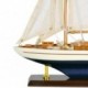 Voilier en bois sur socle, type bateau de navigation ancien avec coque en bois, cordage, bleu et marron, H 35 cm