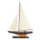 Voilier en bois sur socle, type bateau de navigation ancien avec coque en bois, cordage, bleu et marron, H 85 cm