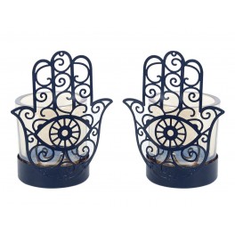 Set 2 Bougeoirs et Photophores, Mod Main de Fatima, Métal et Verre, H 14 cm