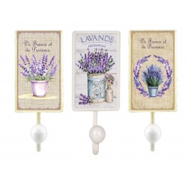 Set 2 patères en métal, Thème Lavande de Provence, pommeaux résine blanc, hauteur 18,50 cm