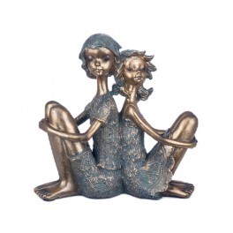 Statuette Fille et Garçon Assis Dos à Dos, Effet Bronze patiné, H 21 cm