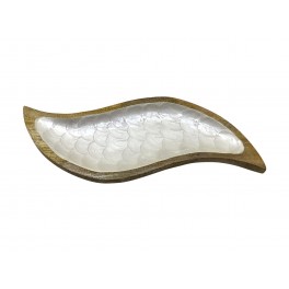 Plateau Feuille en manguier et résine, Ecailles nacrées Blanches, L 33 cm