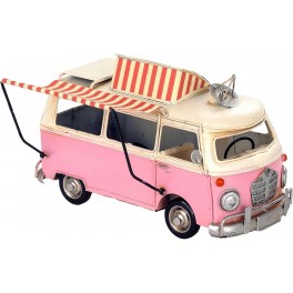 Van Combi Miniature en Fer, Modèle Auvent et Voyage, Rose, L 27 cm