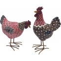 Set Poule et Coq, Modèle Noir et Fleuri en Résine, Collection Drawing Art, H 28 cm