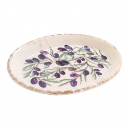 Grand Plateau ovale en bois de paulownia, forme originale et céruse beige blanchie, longueur 45 cm